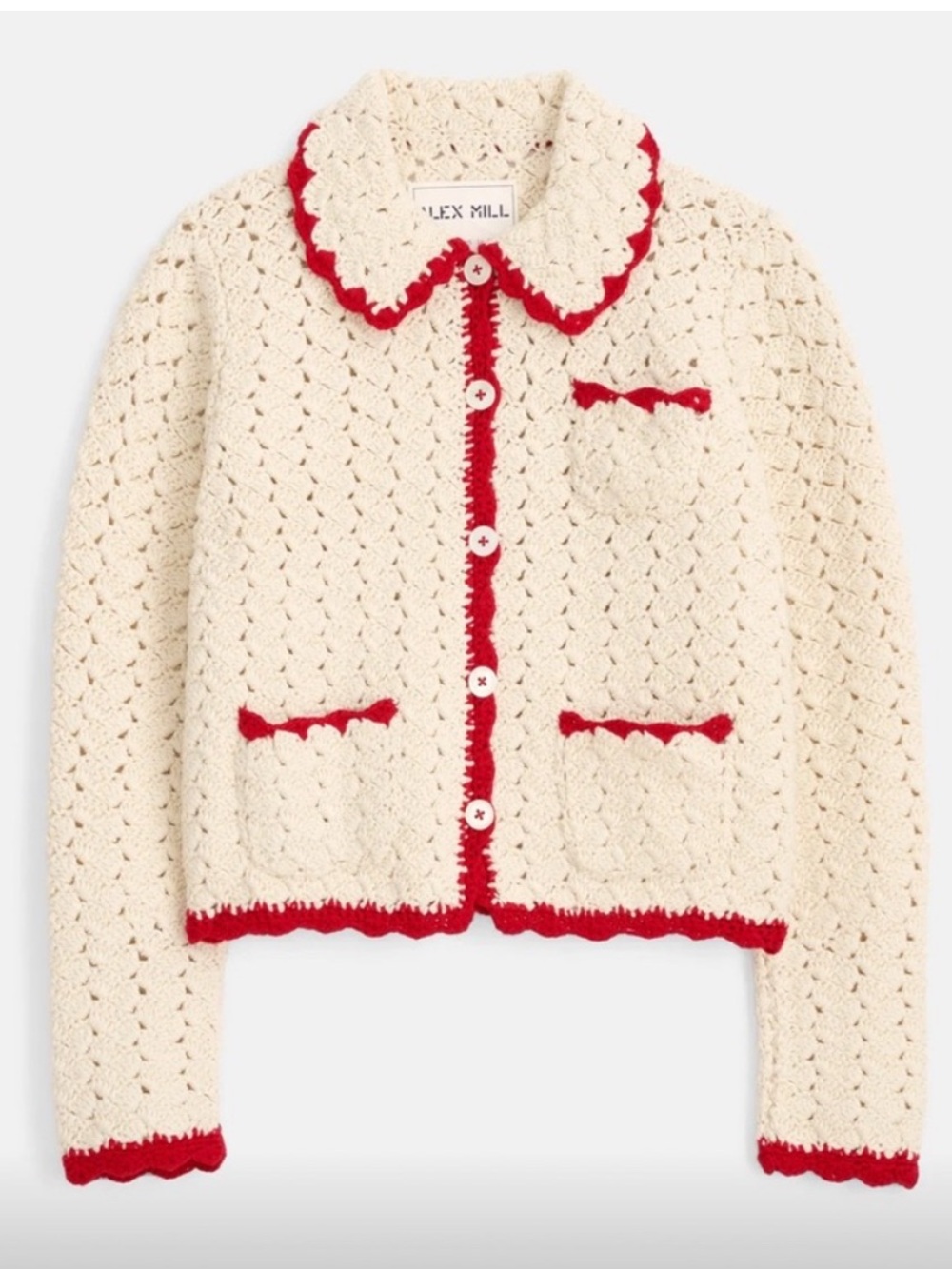Alex Mill Molly Hand Crochet Knit Cardigan Cream  Red Large Cottagecore Coastal - Picture 9 of 10